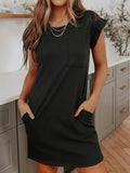 Summer Large-Size Burst Solid Color With Pocket Casual Round Collar Dress