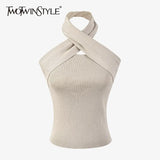 Backless Cross Sweater For Women Irregular Collar Sleeveless Sexy Knitted Slim Tops Female Fashion New