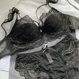 Ultra-thin Lace Bra Set Classic Black Hollow Underwear Plus Size C D E 90C 95D Cup Brassiere Breathable Embroidery