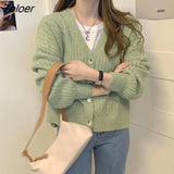 Korean Style Solid Color Women's Cardigan 2023 V Neck Single Breasted Sweater Woman Long Sleeve Knitted Cardigans