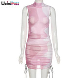 Puss Cyber Y2K Mesh Sexy Women Party Dress Fashion Patchwork Bodycon Skinny Sleeveless Side Drawstring Lace Up