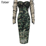 Autumn Women Evening Dress Mujer Floral See Through Low Cut Bodycon Midi Dresses Party Gown Stretchy Robe Femme