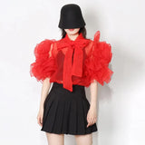Casual Shirt For Women Bowknot Collar Half Sleeve Sheer Solid Button Through Blouse Female Fashion Clothing