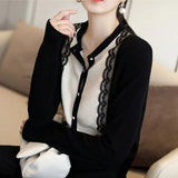 Korean O Neck Long Sleeve Women Cardigans New Single Breasted Lace Patchwork Sweater OL Elegant Outwear