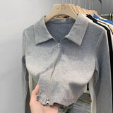 Design Sense Niche Double Zipper Polo Collar Jacket Women's Early Autumn New Threaded Short Top Knitted Cardigan-Outfit