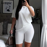 Summer Fashion White Black Casual Women Set Short Sleeve Shirt Tops And Bodycon Shorts Two Piece Sets Outfit Suit