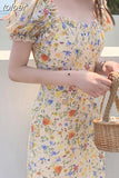 Korean Sexy V Neck Sexy Long Floral Bodycon Chiffon Dress for Women Clothing Beach Puff Sleeve Midi Dresses Summer