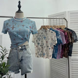 Shooting Retro Tie-Dye Double-Layer Mesh Half-High-Neck Short-Sleeved T-Shirt T-Shirt Short-Sleeved T-Shirted Woman