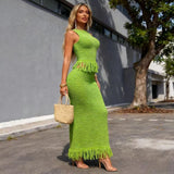 New Hollow Knitted Jassin Set Sleeveless High-Collar Top + Two-Piece