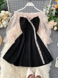 VAREY LIN New Spring Autumn Women Elegant Slash Neck Off Shoulder Tulle Patchwork Puff Sleeve High Waist Party