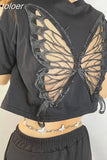 Black Lace Butterfly Hollow Out See Through Crop Top Women Y2k Clothes Summer Fairycore Grunge T Shirts