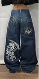Hip-Hop Skull Printed Jeans For Men And Women High Street Tide Brand Loose Wide-Legged Floor Trousers-Outfit