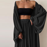 Women 3 Piece Sets Homewear Fashion Casual Lantern Sleeve Cardigan Tops+Wide Leg Pants Suits Lady Spring Soft Three Piece