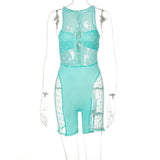 Mesh Patchwork Sexy Romper Women Sleeveless See Through Bodycon Playsuit Casual Streetwear Activewear Workout Y2K