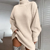 Turtleneck Sweater Dresses Autumn Solid Loose Knitted Dress Elegant Long Sleeve Oversized Winter Female Mini Sweater