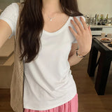 Solid Color U-Collar Short-Sleeved T-Shirt Women's Spring And Summer New Elastic Leisure Slim And Skinny Bottomed Blouse-Outfit