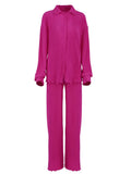 Pleated Fashion 2 Piece Women Wide Leg Trouses Suits And Drap Shirt Ladies Outfits 2yk Straight Long Pants Sets