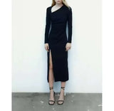 Collar Split Dresses Women Fashion Solid Ong Sleeve Long Dress 2022 Autumn Elegant Ladies Party Evening