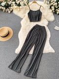 Split Women Set Casual Solid Summer 2022 Fashion Strap Camisole Elastic Waist Drawstring Wide Leg Pants Two Piece