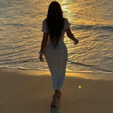 Pure Color O Neck Short Sleeves Draped Maxi Prom Dress Sexy Slim Summer Women Elegant Outfit Wedding Holiday Beach