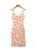 Sexy Small Flower Print Deep V neck Mesh Sling Dress Woman Ruched Package Hips Spaghetti Strap Mini Party Dresses Bodycon-Outfit