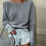 2019 Autumn Criss Cross Knitted Sweaters Casual Solid Loose Pullover Women V-Neck Batwing Sleeve Pullovers Top