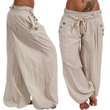 Pants Women Fashion Casual Loose Long Pants Solid Color Baggy Harem Pants Summer Button Sashes Wide Leg Trousers