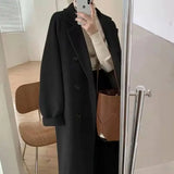 Women Mid Length Wool Coats Splice Korean Jackets Turn Down Collar Full Sleeve Double Breasted Thick Autumn Winter-Outfit