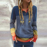 Autumn V Neck Long Sleeve Knitted Tops Casual Women Striped Sweaters Jumper Pull Femme Patchwork Pullover Knitwear