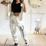 Graffiti Streetwear Two 2 Piece Set Women Tracksuit Female White Black Hoodies Pants Women Matching Sets Outfits