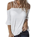Summer Women's T-shirt Fashionable Temperament Commuter Shoulder Strap Trumpet Sleeve Loose Casual Joker T-shirt Women