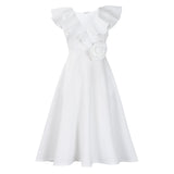 Women's V-Necked Leaf-Side Three-Dimensional Flower Dress Evening Dress Party