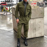 Men Jumpsuit Long Sleeve Solid Pockets Button Cargo Overalls Streetwear Elastic Waist Chic Mens Rompers Pants