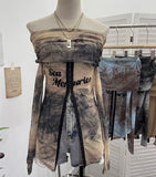 Picts Single-Layer Mesh Yarn Micro-Sleeved T-Shirt Word Shoulder-Pollid Letter Open Fork Top