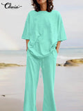 Celmia Fashion Women 2pcs Sets 2022 Summer Casual Loose Holiday Pocket Belted Set Half Sleeve O-neck Top and Wide Leg Pant