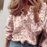 Boho Floral Print Slim Shirt Office Lady Retro Tops Women Casual Short Sleeve Sexy V-neck Ruffles Blouse 2022