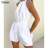 White Overalls For Women Cotton Casual Bodysuit O-Neck Halter Female Jumpsuit Shorts Elastic Waist Summer Rompers