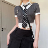 New Spring Color Lapel Slim Look Thin Girl College Wind Vacation Two Zhang Tsai Blouse Girl-Outfit