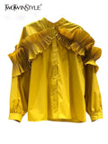 Casual Loose Solid Patchwork Ruffle Shirt Female Long Sleeve Korean Fashion Blouse For Women Autumn 2021 New