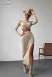Autumn Sexy Solid Ribbed 2 Two Piece Sets Club Outfit For Women 2023 Long Sleeve O Neck Crop Top And Skirt Sets