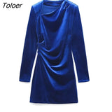 2023 Sexy Black Pleated Velvet Mini Party Dress Women Long Sleeve V Neck Fashion Sheath Dress Female Streetwear