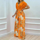 Two Piece Set Women Fashion V-neck Bat Sleeve Top Printed Wide-leg Pants Suit Casual Two Piece Set
