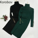 Knitted Dress Autumn Winter New Chic Turtleneck Long Sleeve Button Bandage Dresses Korean Elegant OL Robe