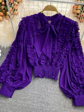 Autumn Women Ruffle Blouse Vintage Bow Collar Lantern Long Sleeve Short Tops Female Purple/Rose Red/Green/White Shirts