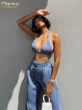Sexy Crop Top Set Woman 2 Piece Summer Bodycon Blue Pleated Pants Set Female Fashion Slim High Waist Slit Trouser