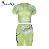 Y2K Summer Two Piece Sets Short Sleeves Tee Shirt And Mini Skirts Green Irregular Print for Women Casual Streetwear