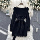 Off Shoulder Sexy Knitted Dress Long Sleeve Lace Up Midi Warm Dress Autumn Women Slash Party Sweater
