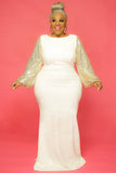 Elegant Gold Sequins Puff Sleeve White Mermaid Evening