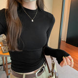 Basic Style Slim, Slim, Long-Sleeved T-Shirt For Women In Autumn Is A New Style With A Small Standing Collar With A Bottom.-Outfit