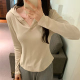 Basic Style Threaded Hooded Top Women's Autumn And Winter New Slim Short-Sleeved T-Shirt-Outfit